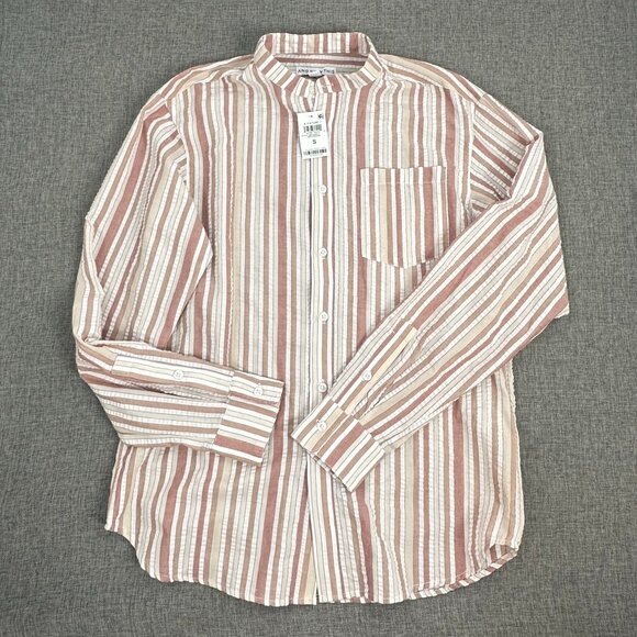 NEW And Now This Button Down Shirt Collared Stripes Small Brown Tan Cotton Blend - Picture 2 of 11